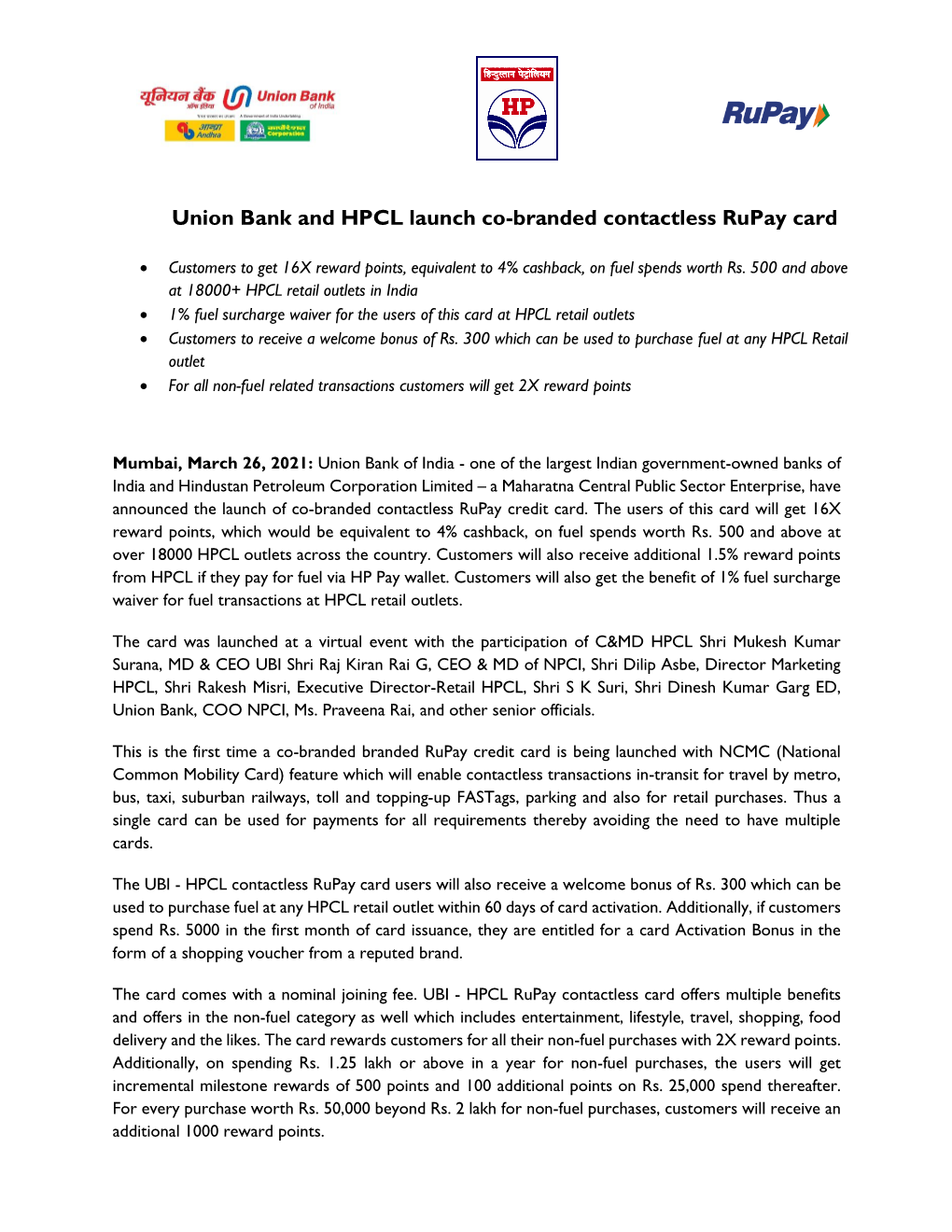 Union Bank and HPCL Launch Co-Branded Contactless Rupay Card