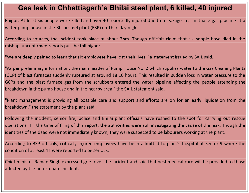 Gas Leak in Chhattisgarh's Bhilai Steel Plant, 6 Killed, 40 Injured
