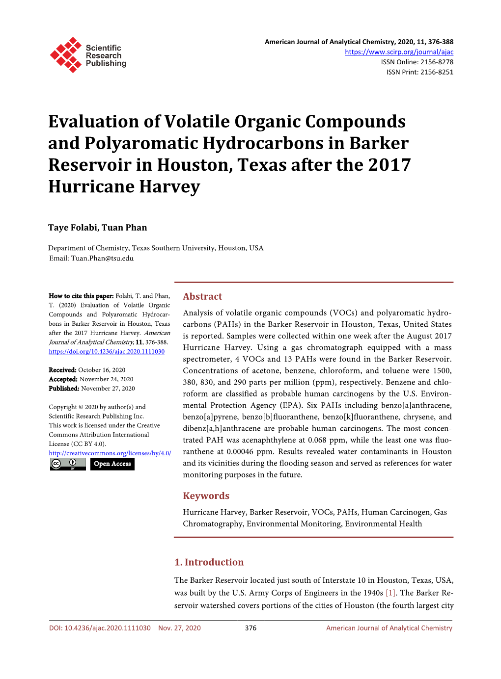Evaluation of Volatile Organic Compounds and Polyaromatic Hydrocarbons in Barker Reservoir in Houston, Texas After the 2017 Hurricane Harvey