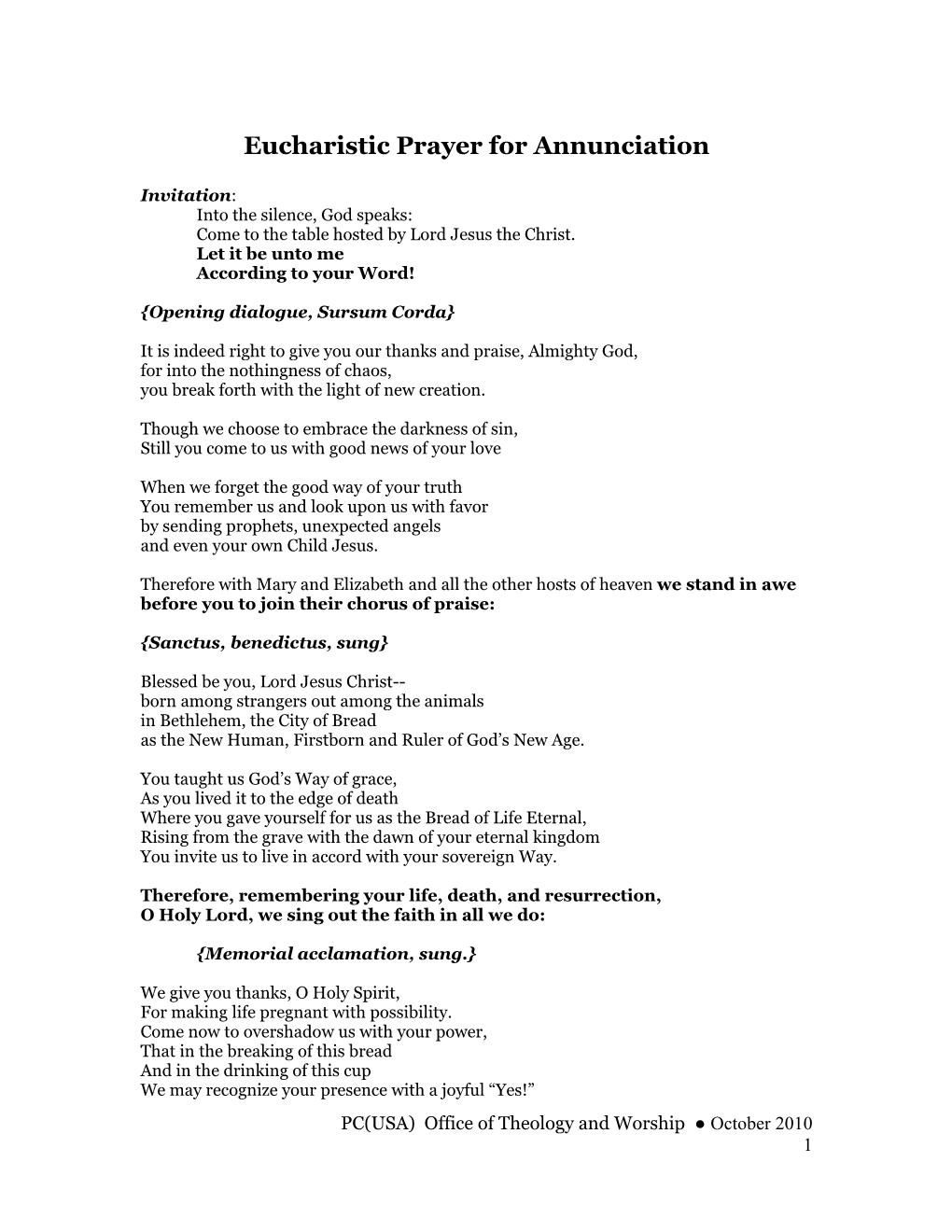 Eucharistic Prayer for Annunciation