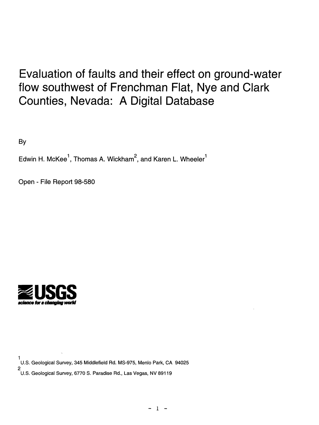 Evaluation of Faults and Their Effect on Ground-Water Flow Southwest of Frenchman Flat, Nye and Clark Counties, Nevada: a Digital Database