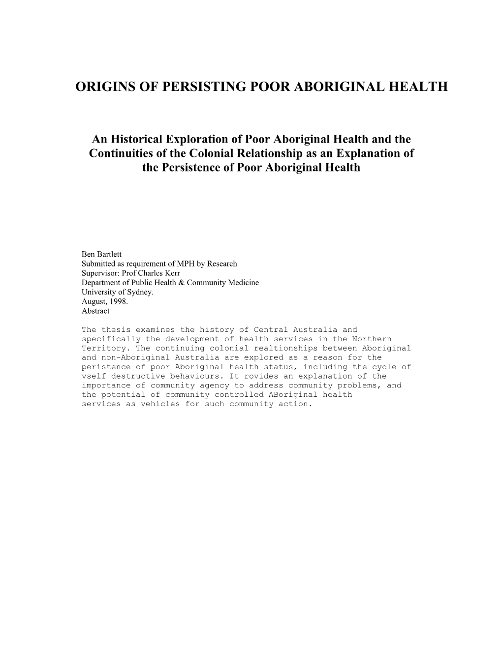 Origins of Persisting Poor Aboriginal Health