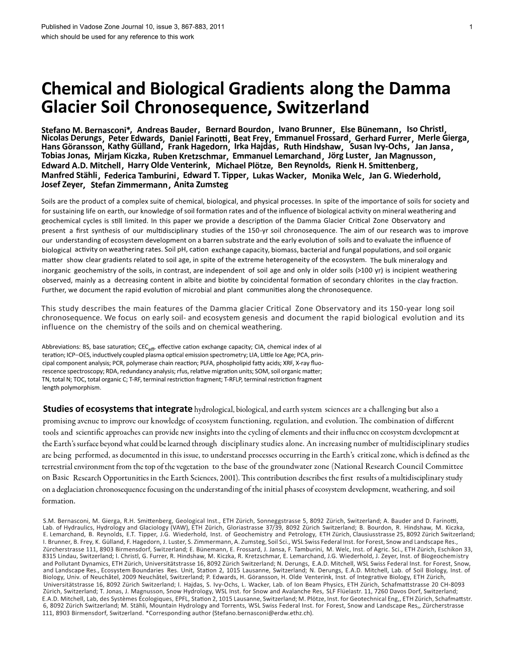 Chemical and Biological Gradients Along the Damma Glacier Soil Chronosequence, Switzerland Stefano M