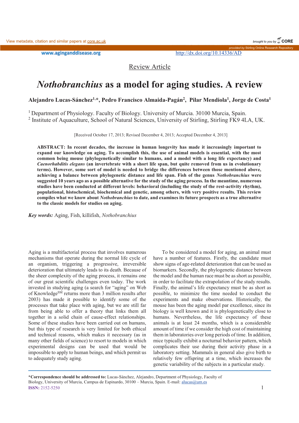 Nothobranchius As a Model for Aging Studies. a Review