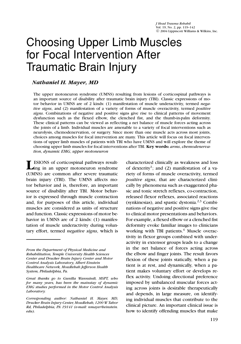 Choosing Upper Limb Muscles for Focal Intervention After Traumatic Brain Injury