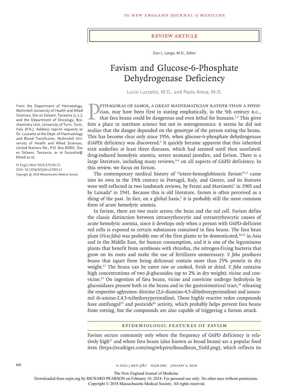 Favism and Glucose-6-Phosphate Dehydrogenase Deficiency