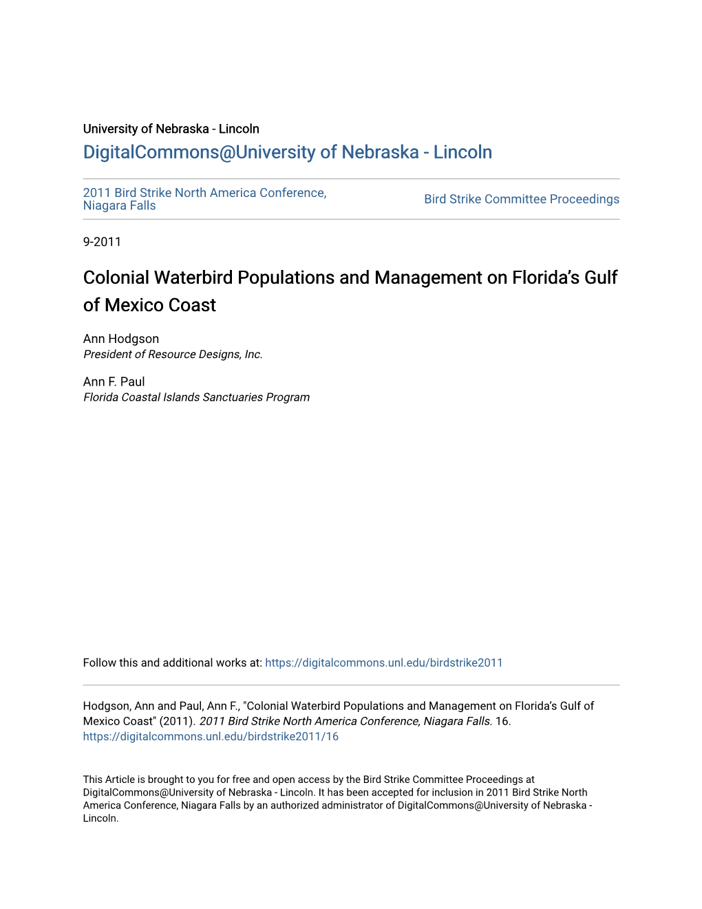 Colonial Waterbird Populations and Management on Florida's Gulf of Mexico Coast