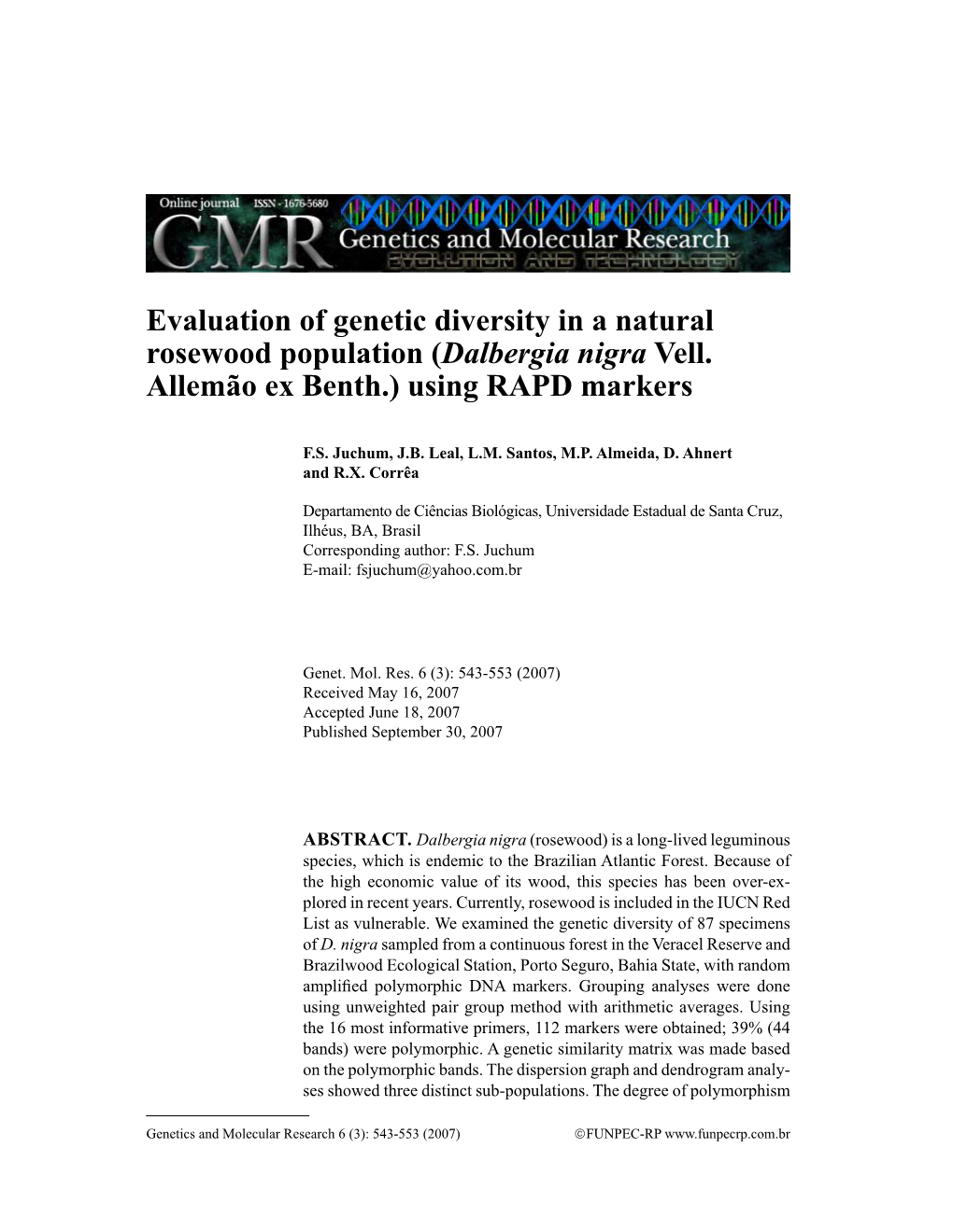 Evaluation of Genetic Diversity in a Natural Rosewood Population (Dalbergia Nigra Vell