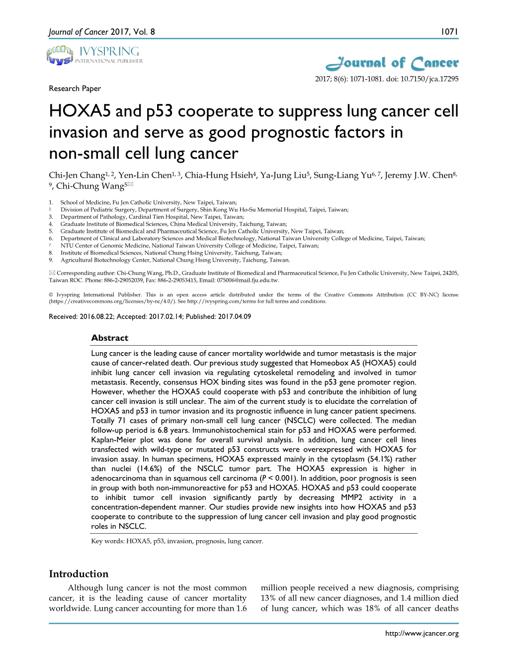 HOXA5 and P53 Cooperate to Suppress Lung Cancer Cell Invasion