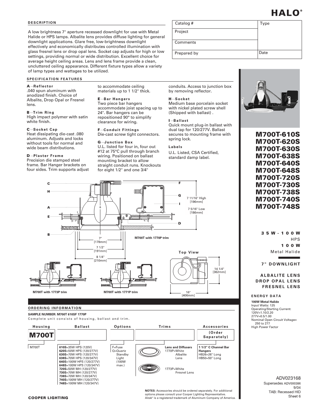 HALO® DESCRIPTION Catalog # Type