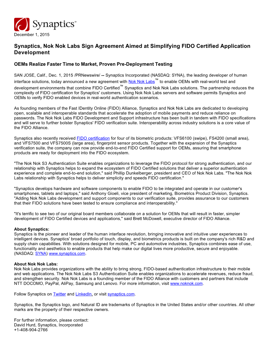 Synaptics, Nok Nok Labs Sign Agreement Aimed at Simplifying FIDO Certified Application Development