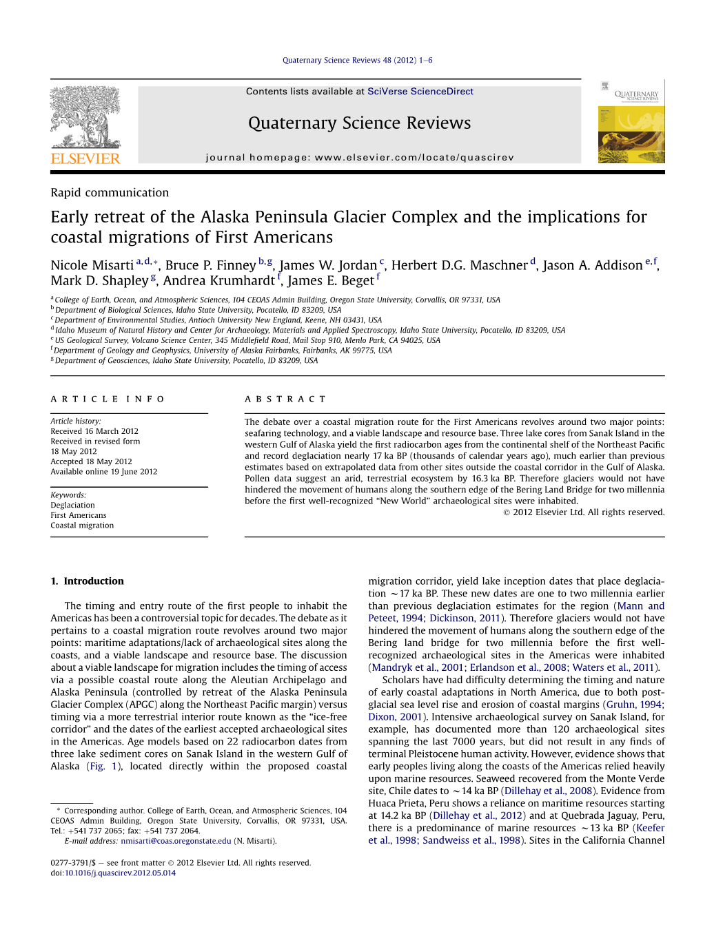 Early Retreat of the Alaska Peninsula Glacier Complex and the Implications for Coastal Migrations of First Americans