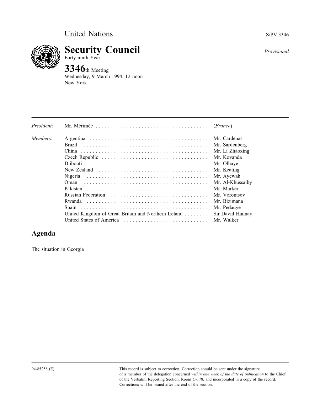 Security Council Provisional Forty-Ninth Year