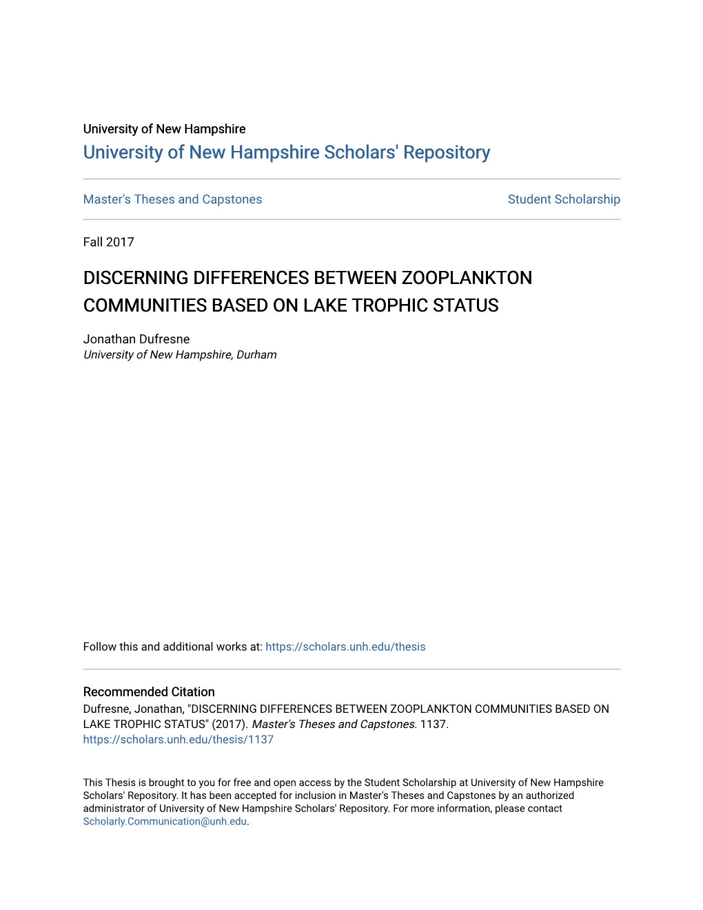 Discerning Differences Between Zooplankton Communities Based on Lake Trophic Status