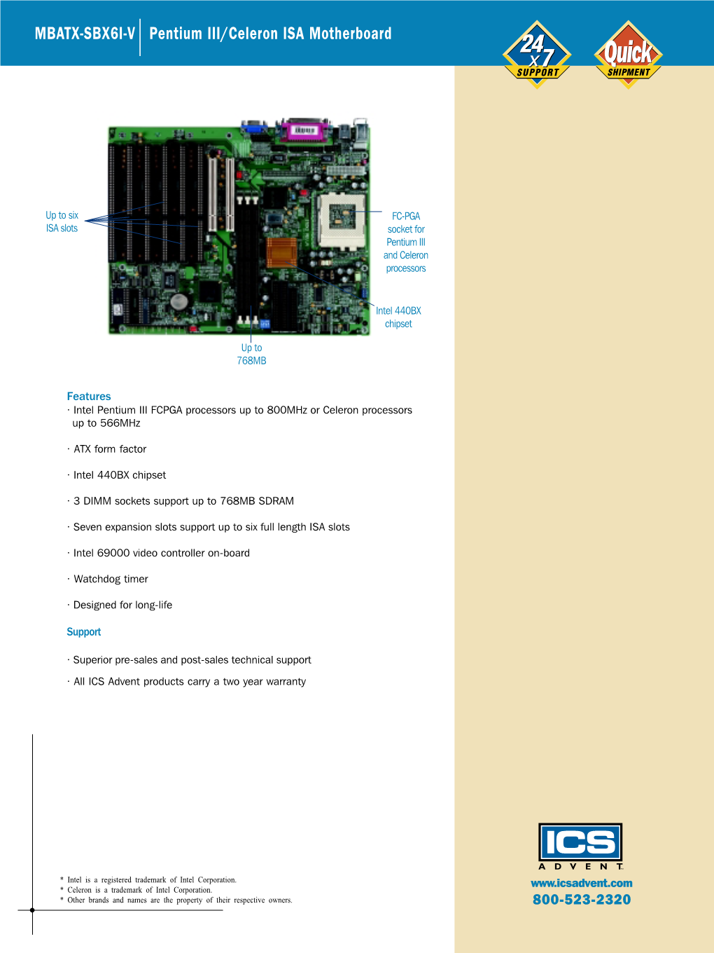 MBATX-SBX6I-V Pentium III/Celeron ISA Motherboard