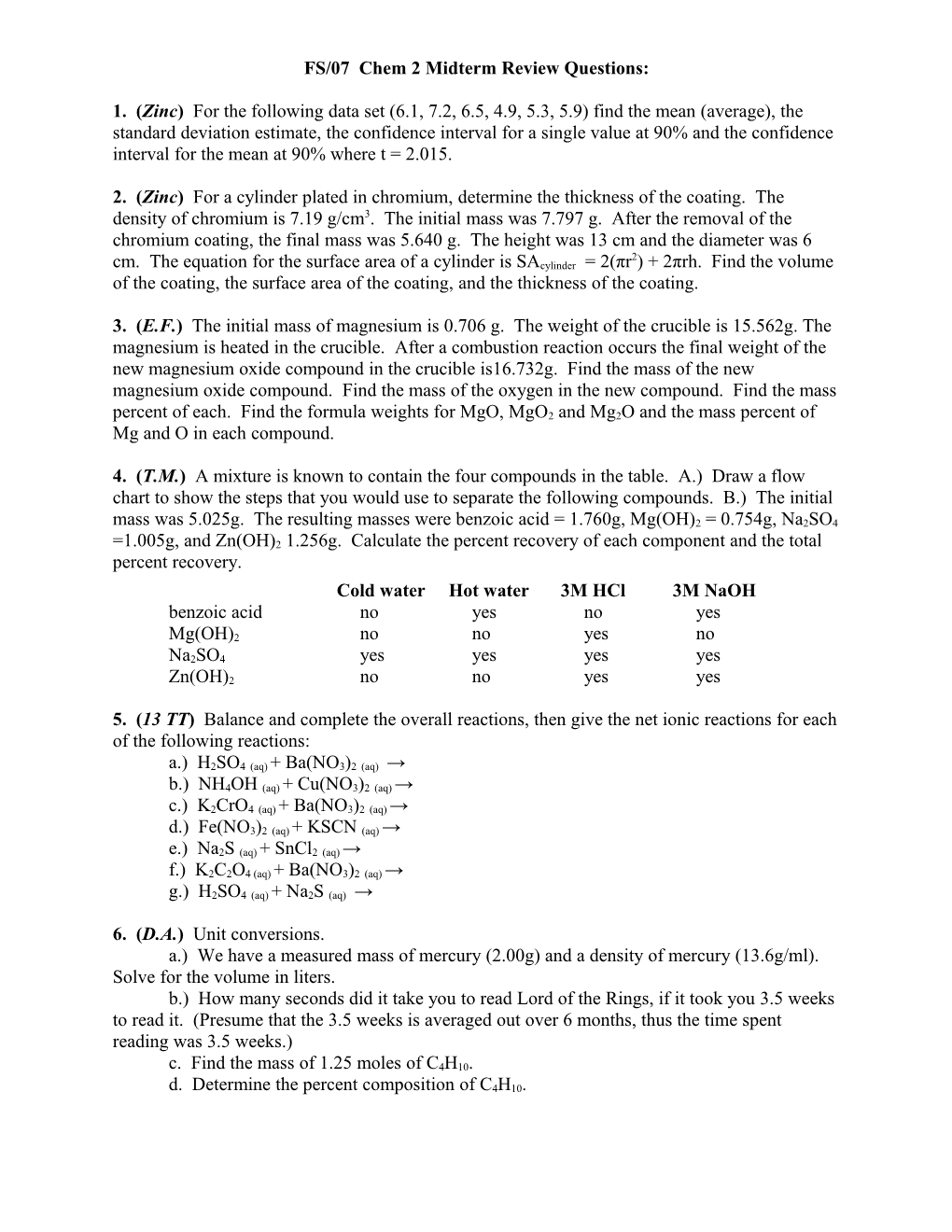 Chem 2 Midterm Review Questions