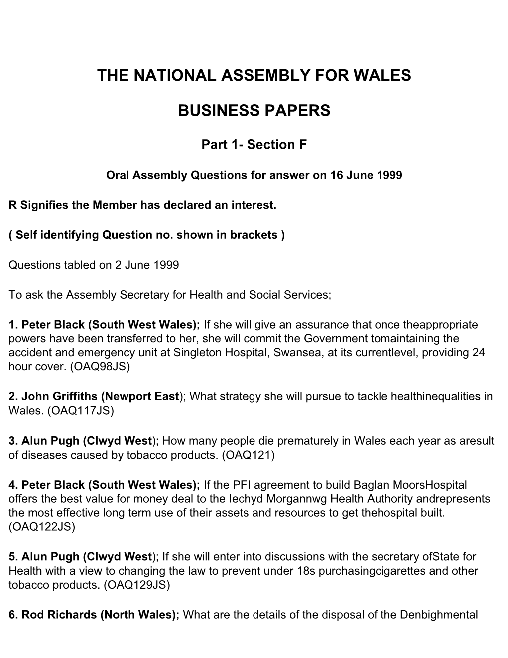 The National Assembly for Wales Business Papers