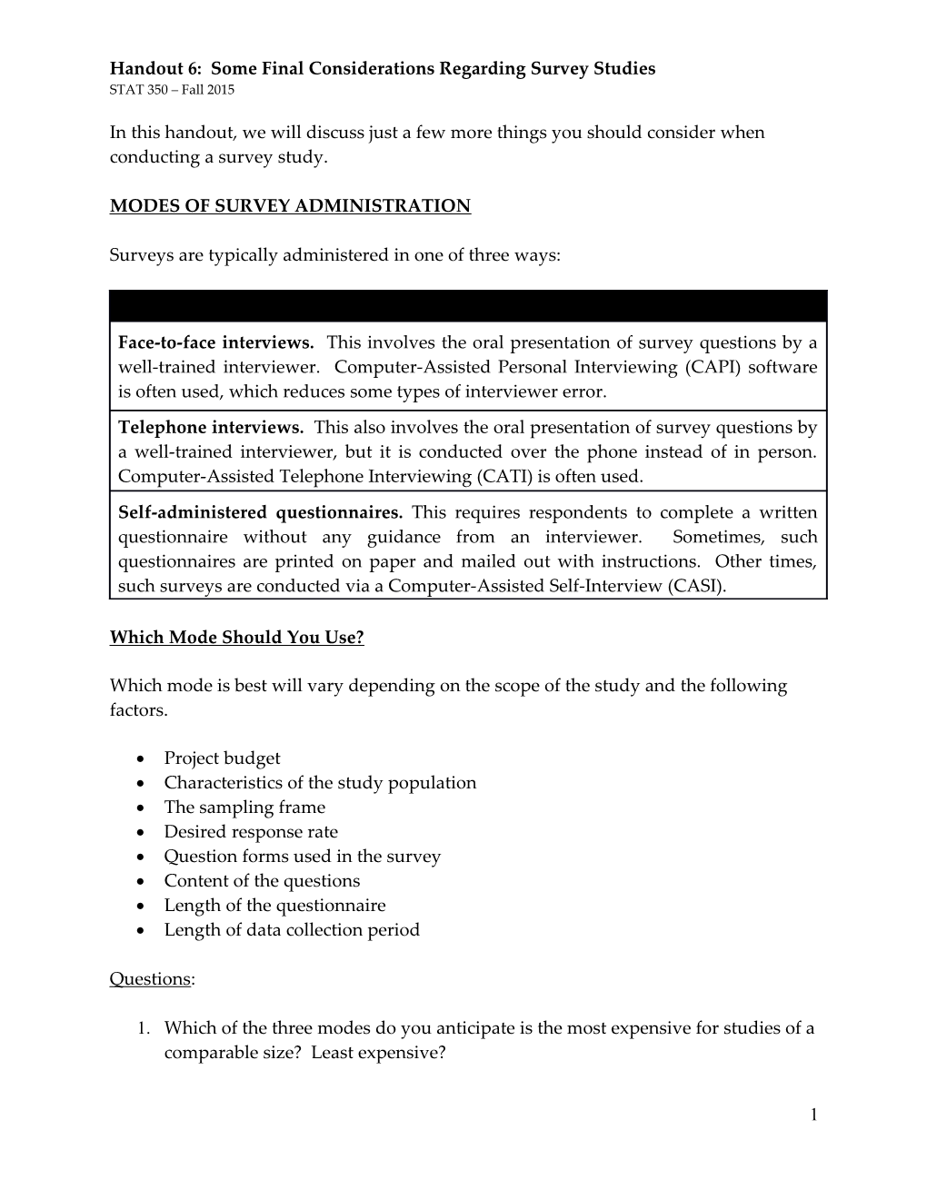 Handout 6: Some Final Considerations Regarding Survey Studies