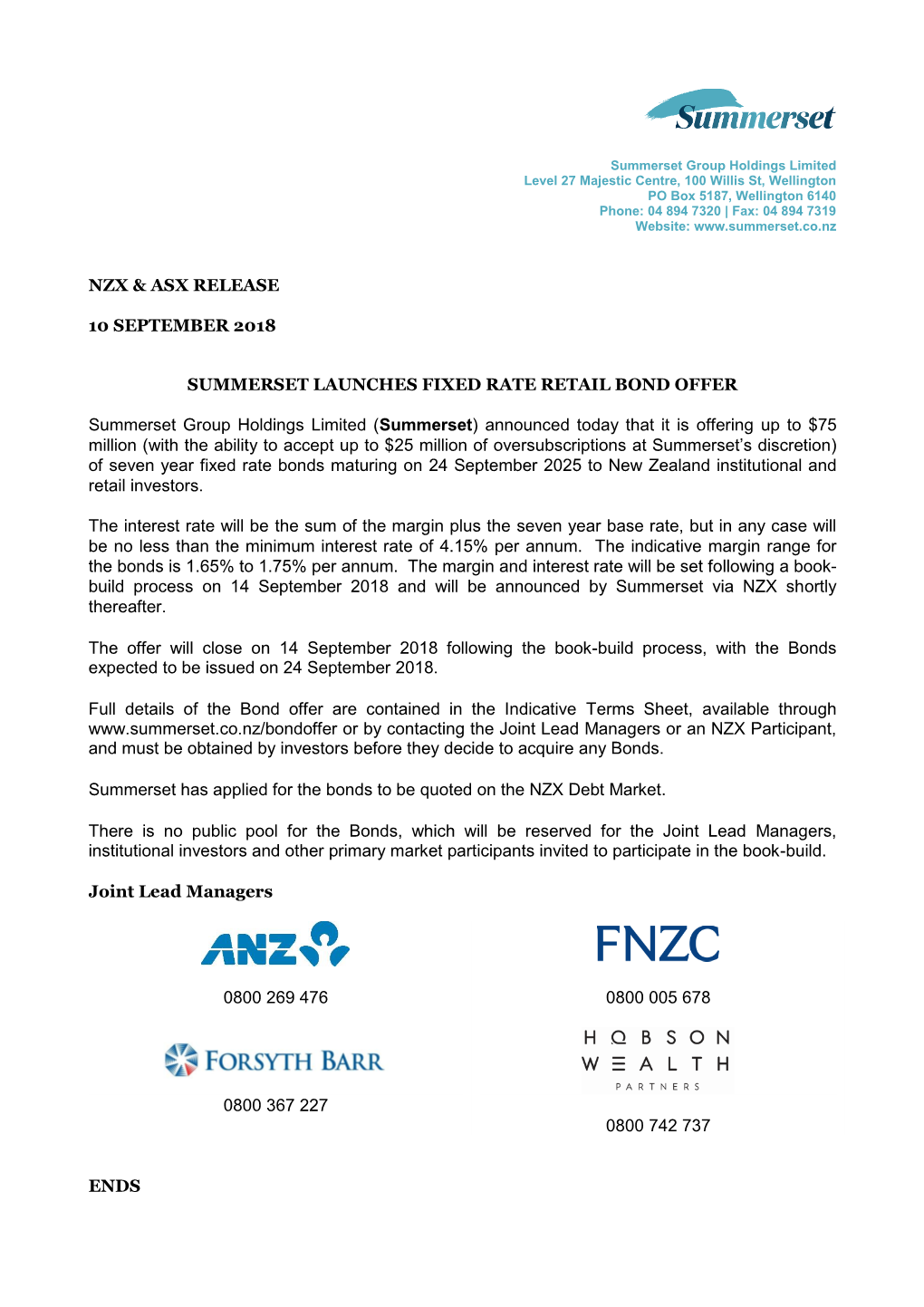 Nzx & Asx Release 10 September 2018 Summerset