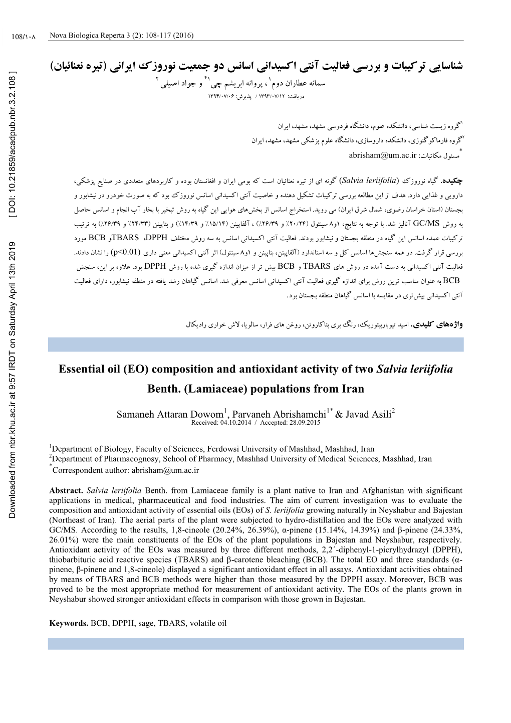 Essential Oil (EO) Composition and Antioxidant Activity of Two Salvia Leriifolia Benth