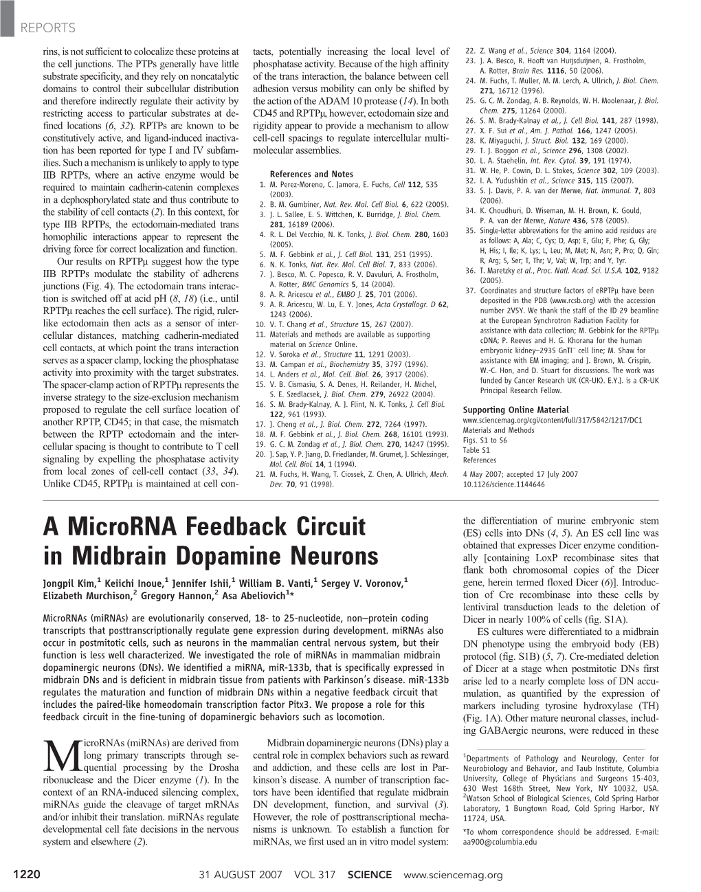 A Microrna Feedback Circuit in Midbrain Dopamine Neurons