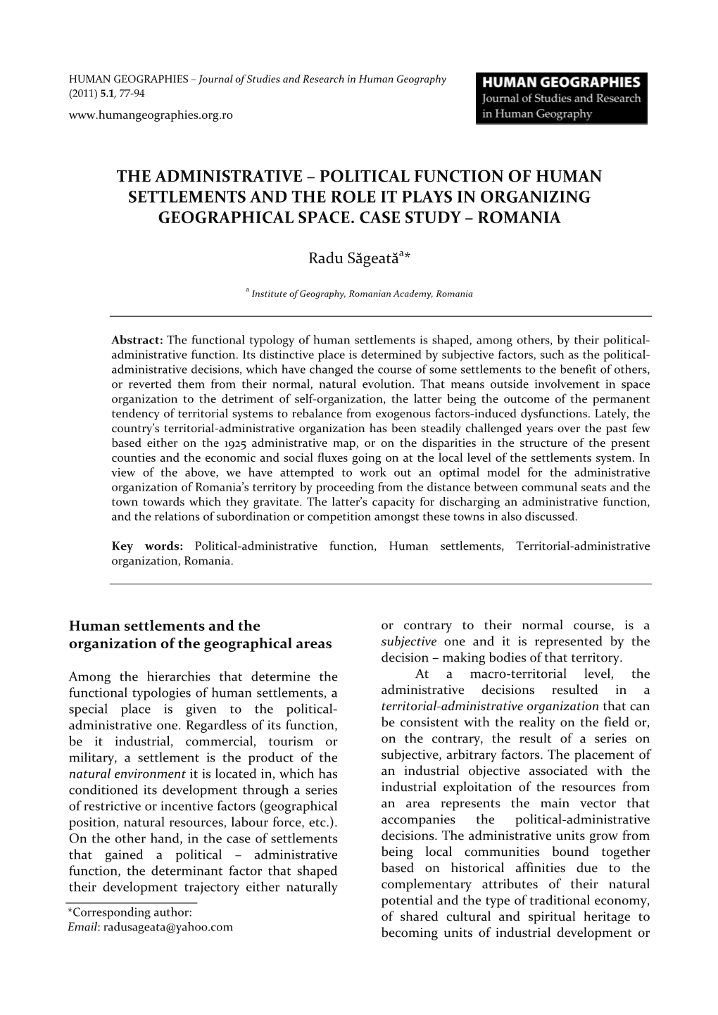 The Administrative – Political Function of Human Settlements and the Role It Plays in Organizing Geographical Space