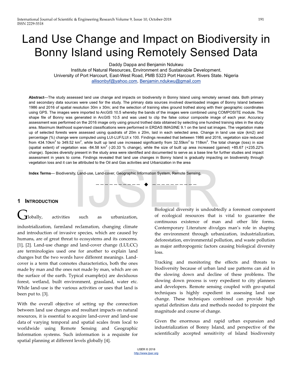 Land Use Change and Impact on Biodiversity in Bonny Island