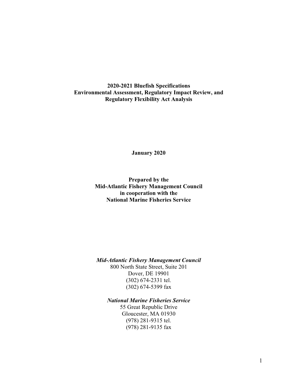 2020-2021 Bluefish Specifications Environmental Assessment, Regulatory Impact Review, and Regulatory Flexibility Act Analysis