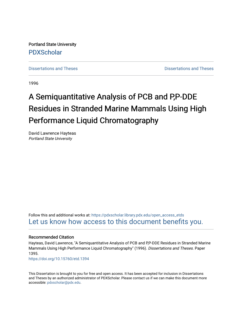 A Semiquantitative Analysis of PCB and P,P-DDE Residues in Stranded Marine Mammals Using High Performance Liquid Chromatography