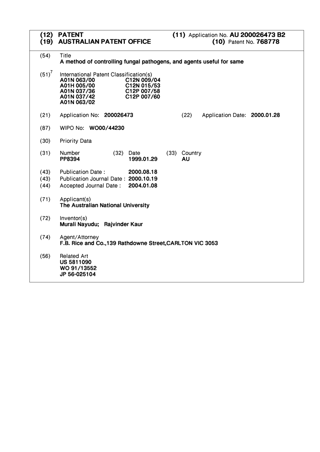 (10) Patent No. 768778 (54) Title (21) Application No: 200026473 (22