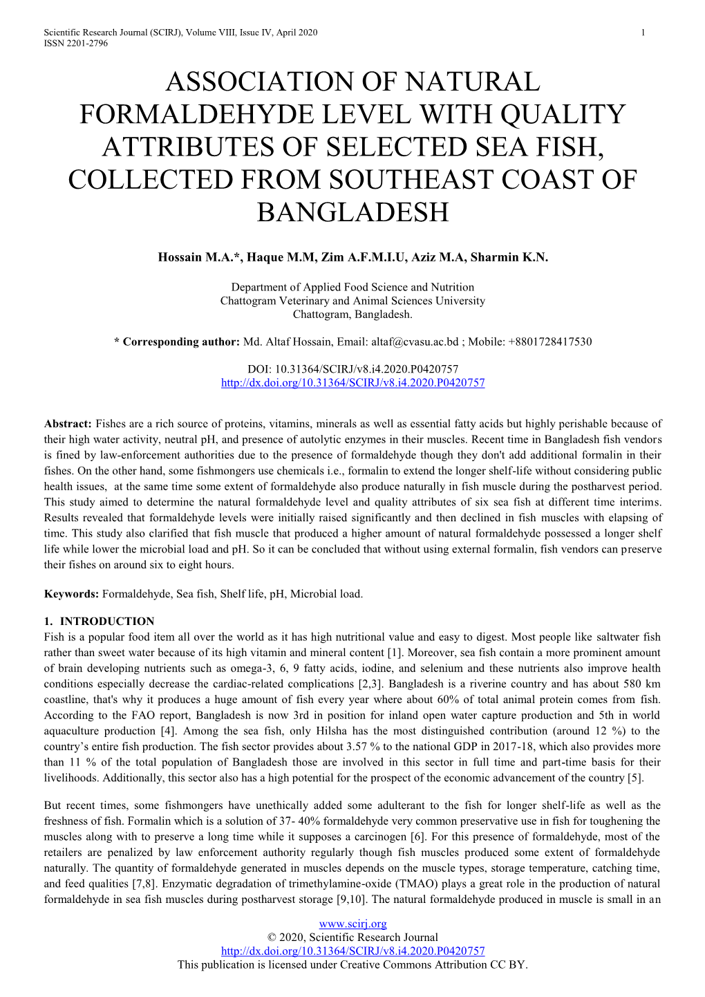 Association of Natural Formaldehyde Level with Quality Attributes of Selected Sea Fish, Collected from Southeast Coast of Bangladesh