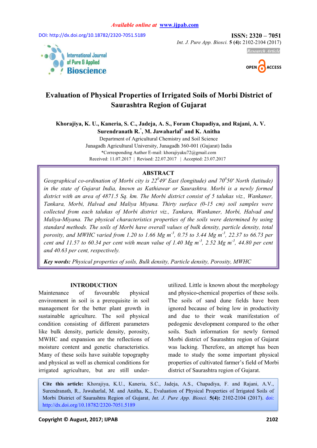 Evaluation of Physical Properties of Irrigated Soils of Morbi District of Saurashtra Region of Gujarat