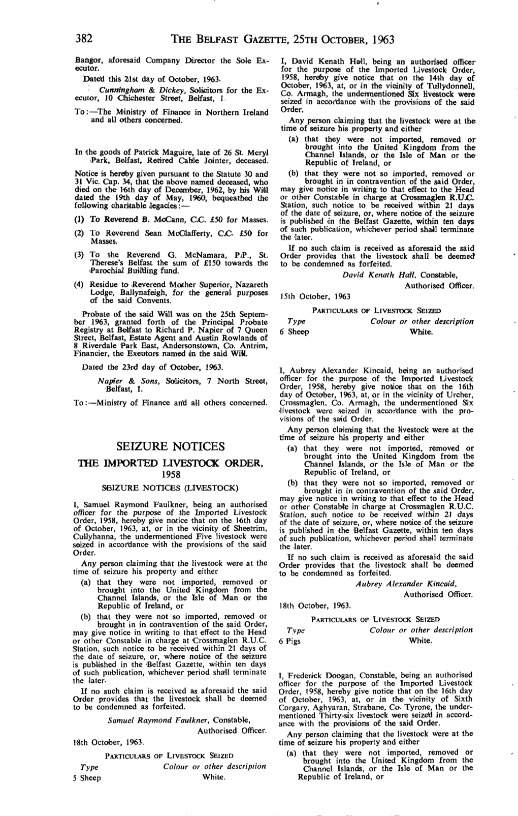 THE BELFAST GAZETTE, 25Ra OCTOBER, 1963 SEIZURE NOTICES