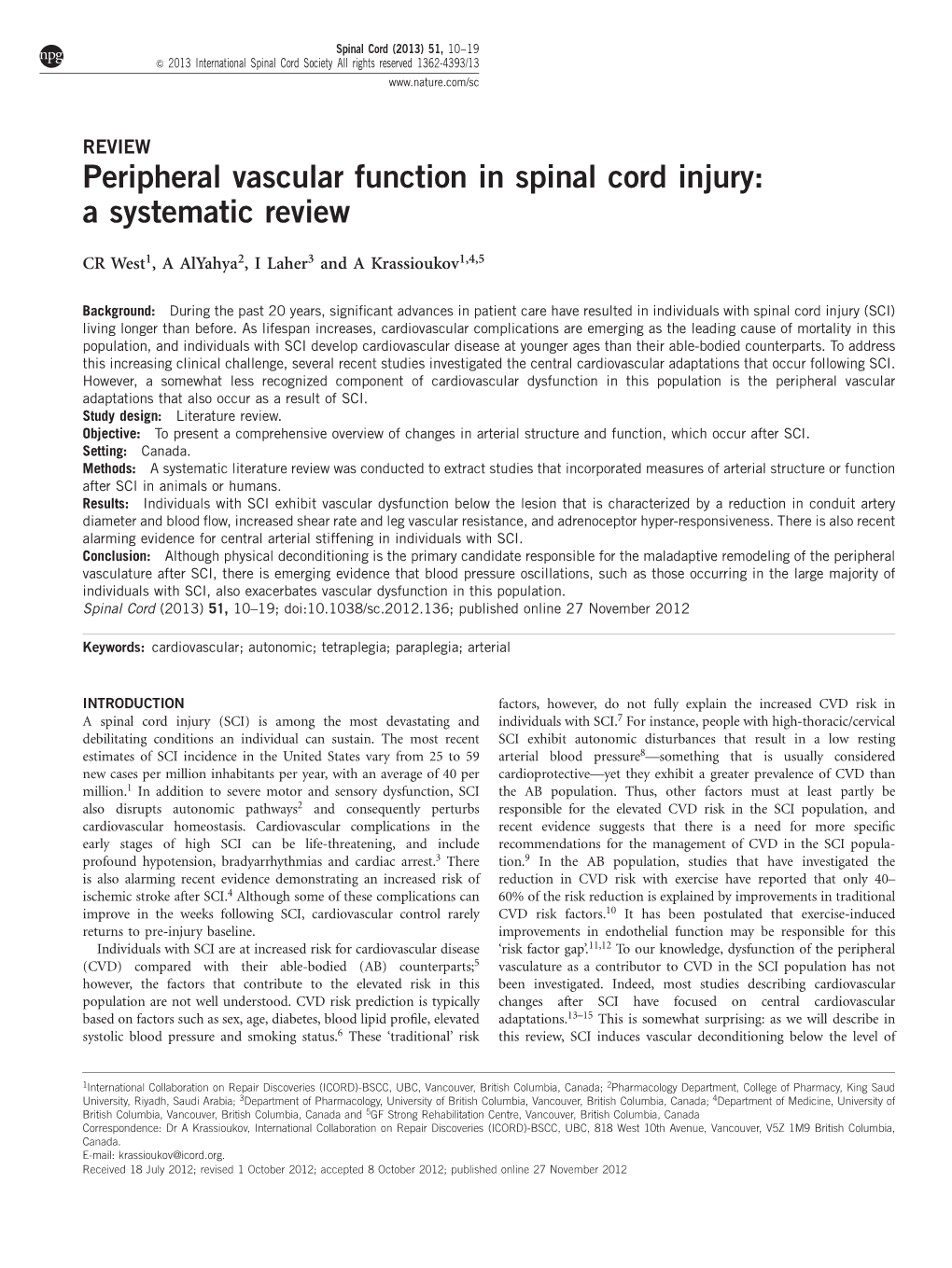 Peripheral Vascular Function in Spinal Cord Injury: a Systematic Review