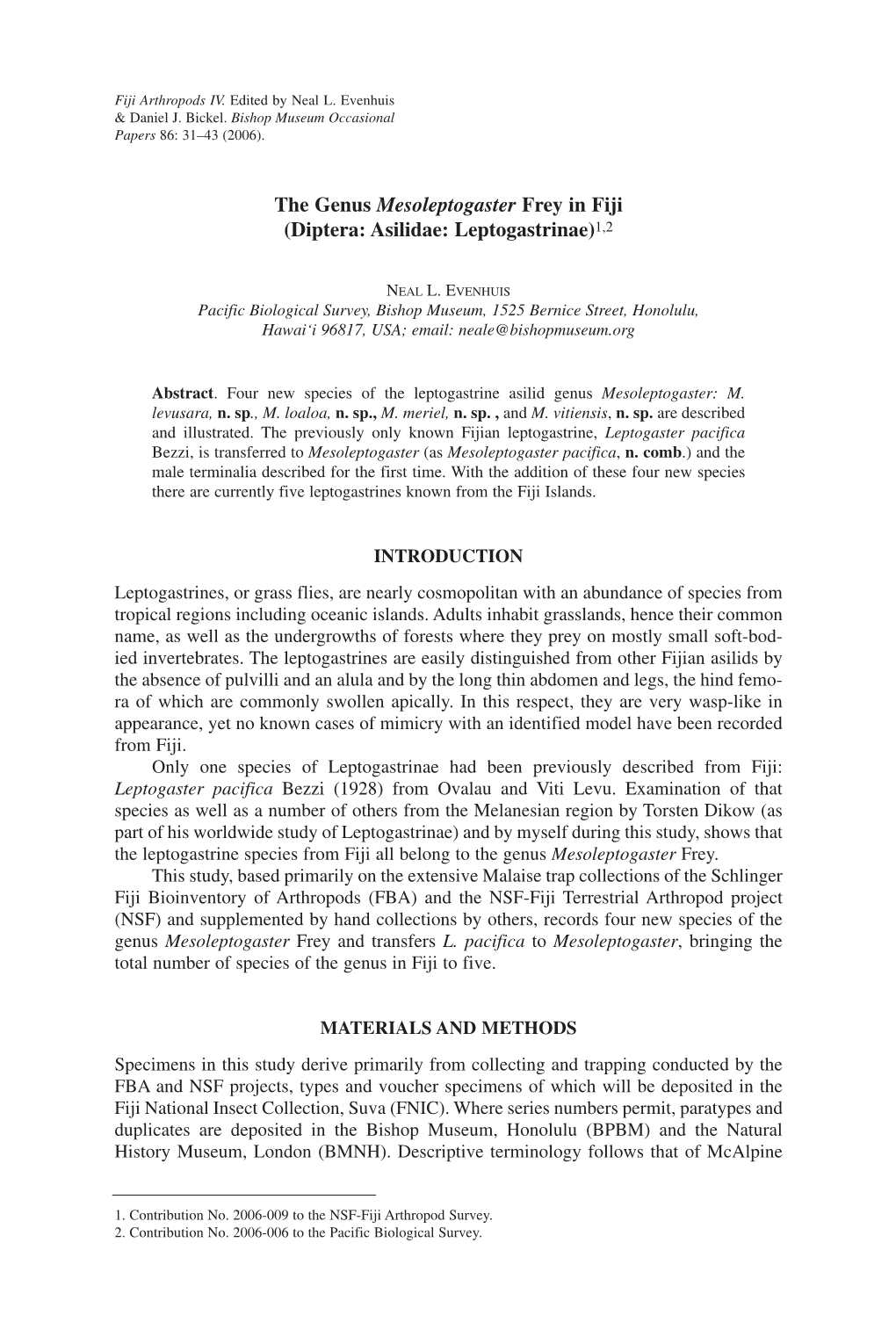 The Genus Mesoleptogaster Frey in Fiji (Diptera: Asilidae: Leptogastrinae)1,2