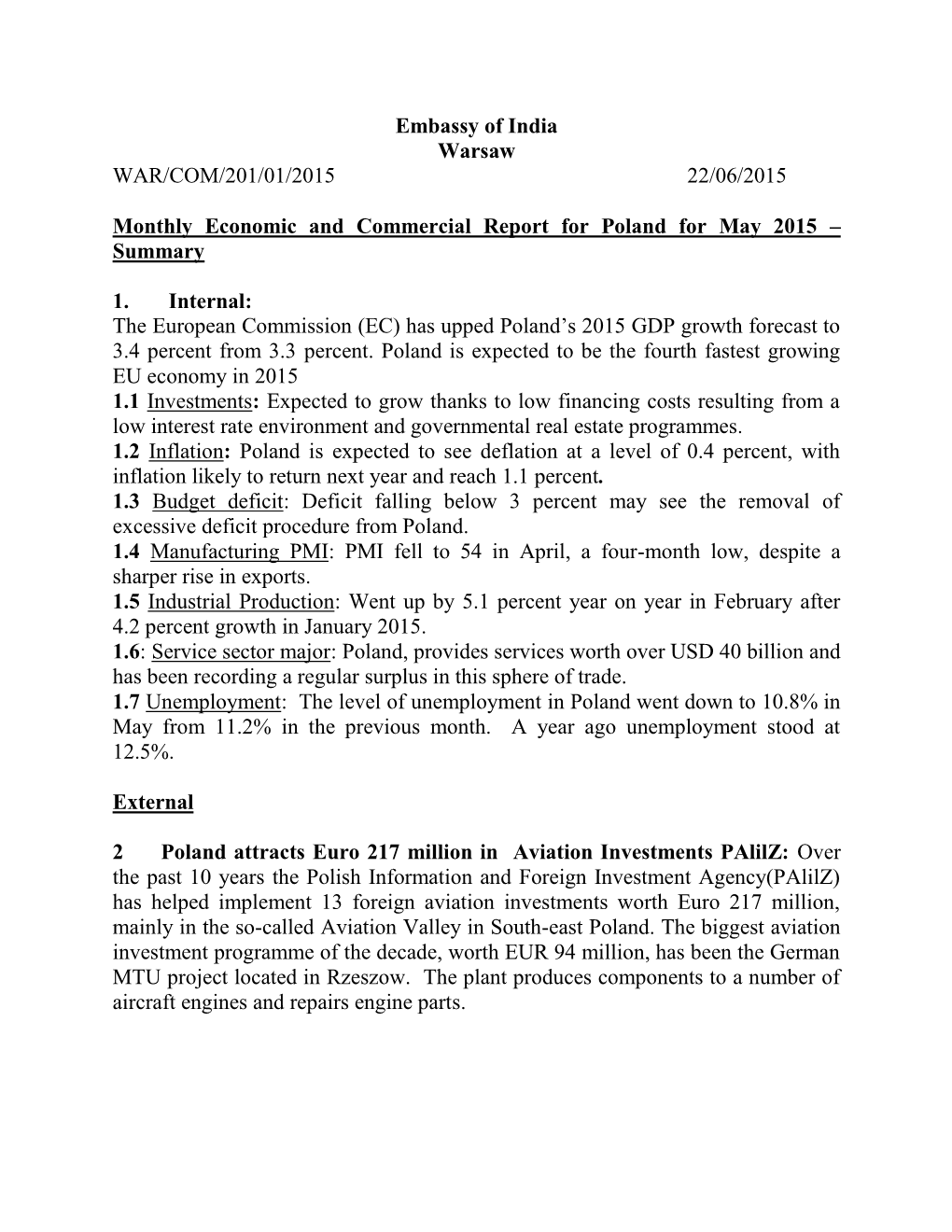 Monthly Economic and Commercial Report for Poland for May 2015 – Summary