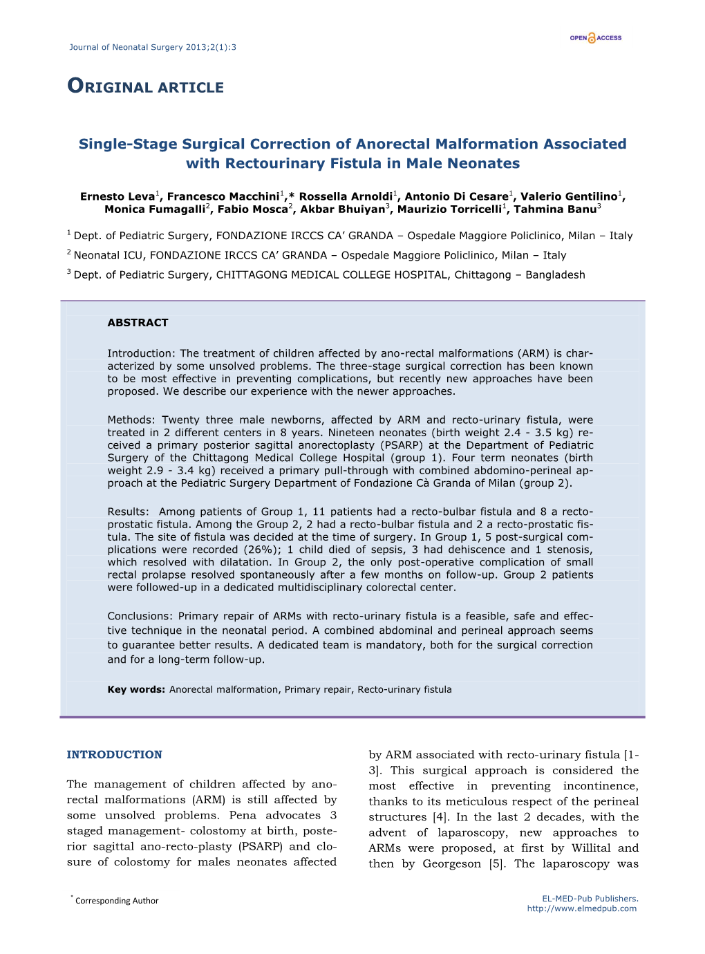 Single-Stage Surgical Correction of Anorectal Malformation Associated with Rectourinary Fistula in Male Neonates