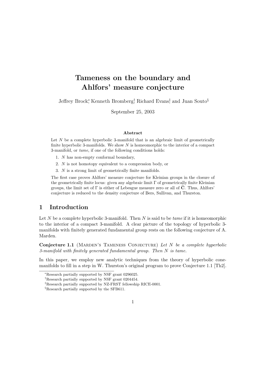 Tameness on the Boundary and Ahlfors' Measure Conjecture