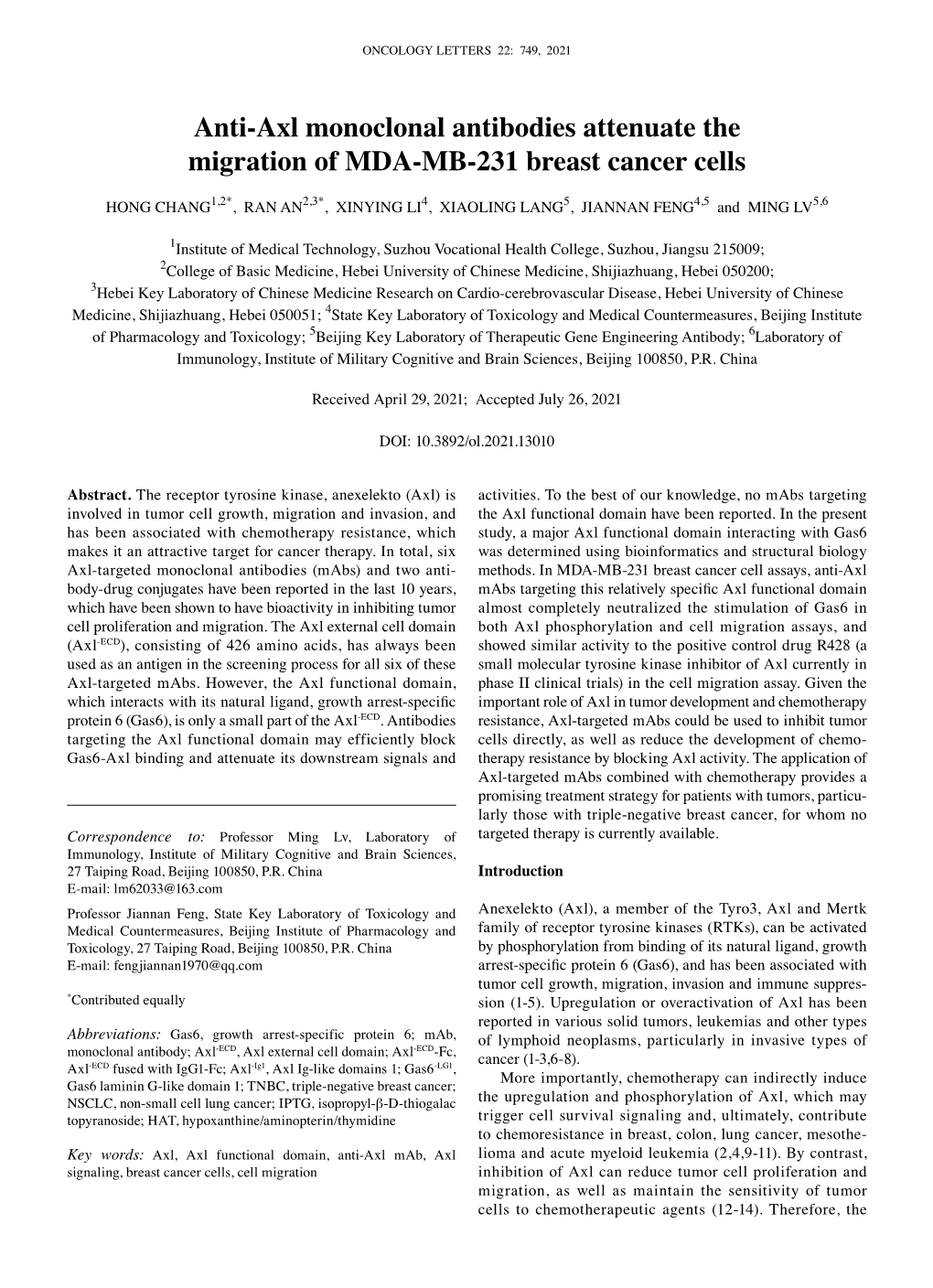 Anti‑Axl Monoclonal Antibodies Attenuate the Migration of MDA‑MB‑231 Breast Cancer Cells