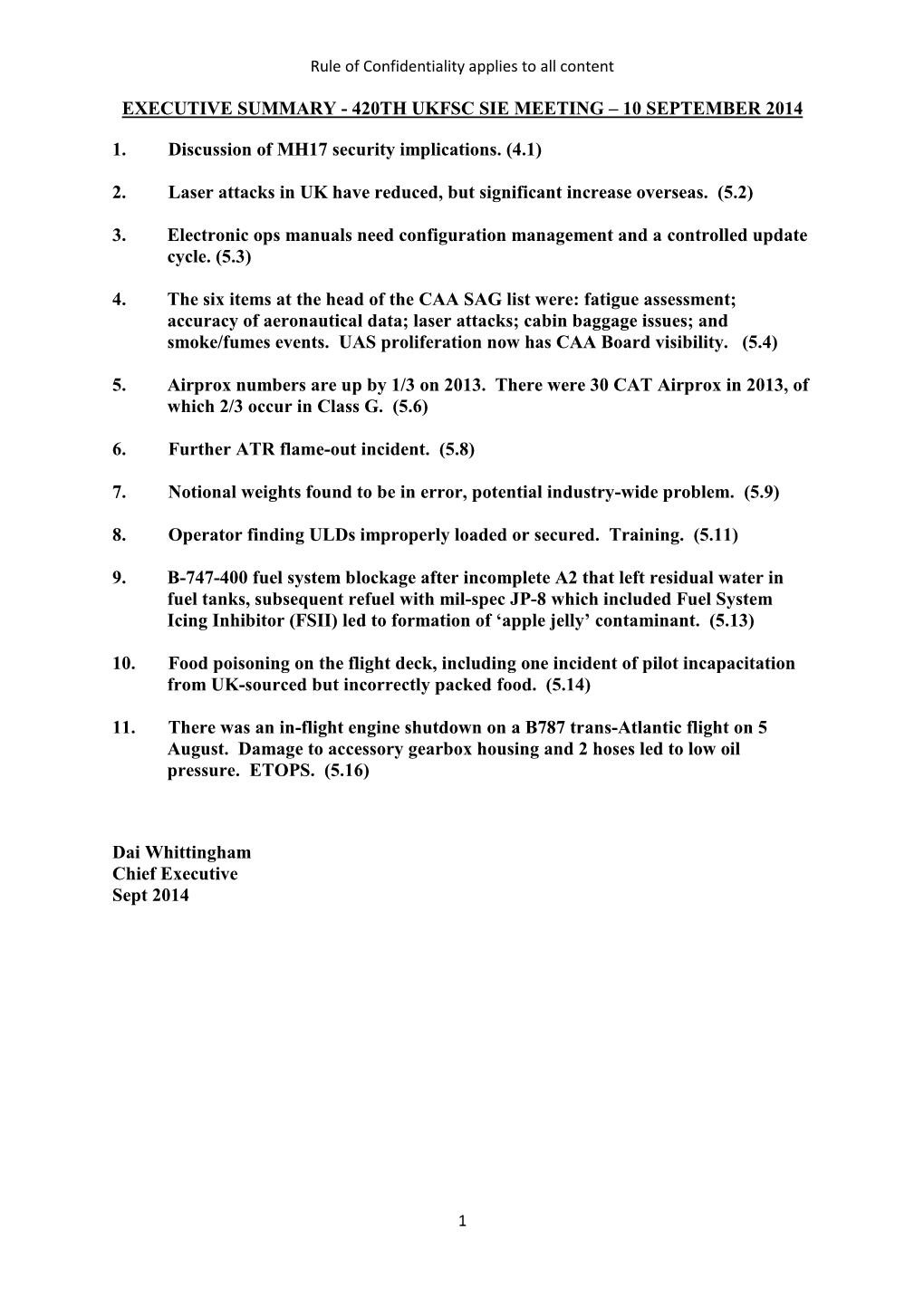 420TH UKFSC SIE MEETING – 10 SEPTEMBER 2014 1. Discussion of MH17 Security Implications