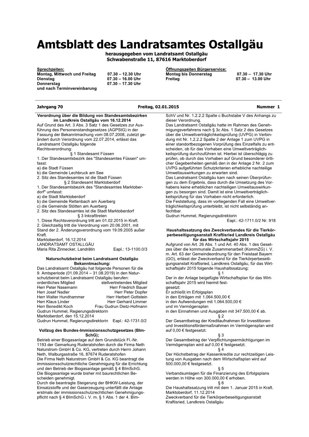 Amtsblatt Des Landratsamtes Ostallgäu Herausgegeben Vom Landratsamt Ostallgäu Schwabenstraße 11, 87616 Marktoberdorf