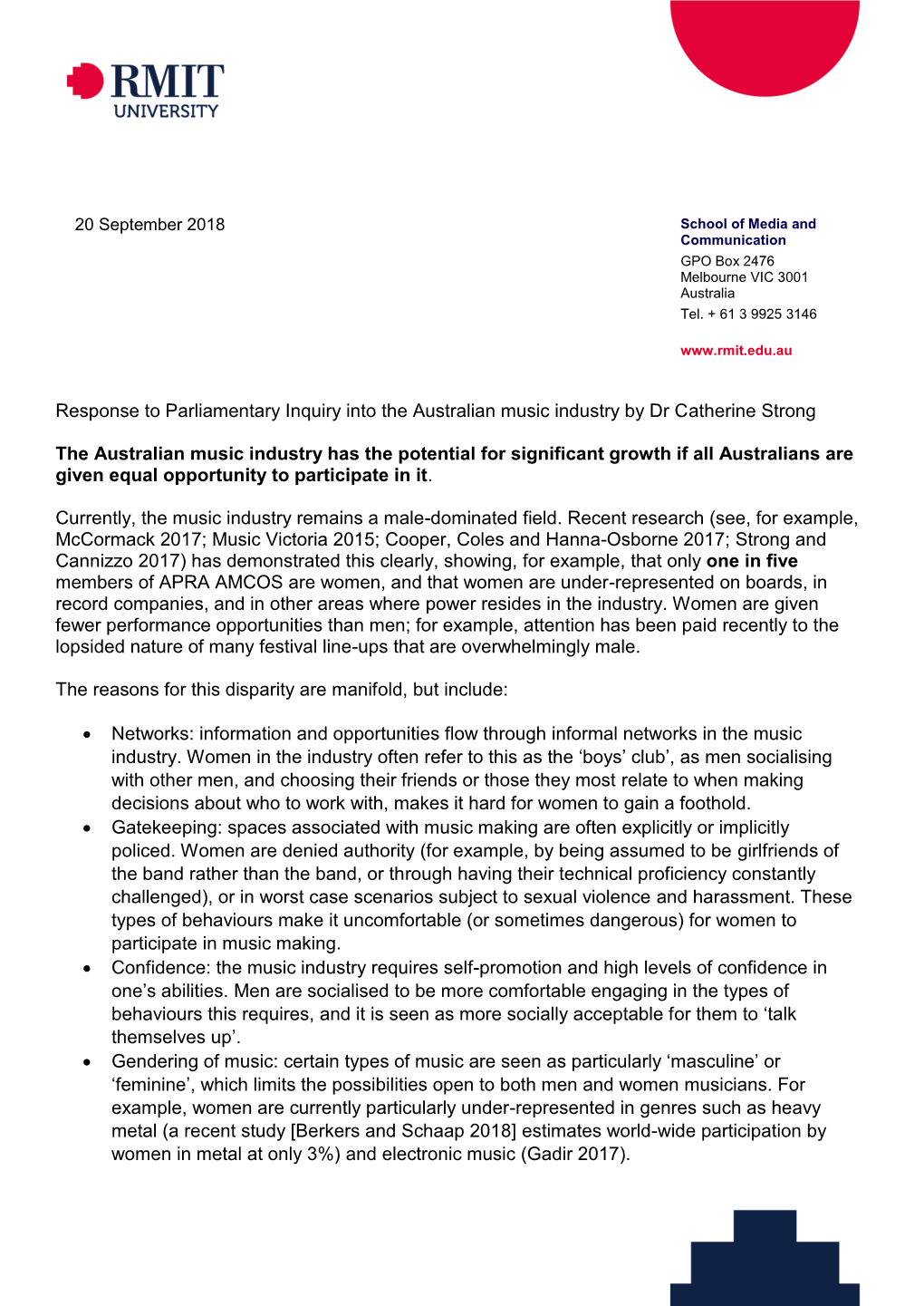 Response to Parliamentary Inquiry Into the Australian Music Industry by Dr Catherine Strong