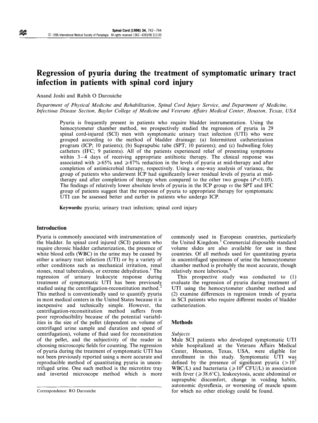 Regression of Pyuria During the Treatment of Symptomatic Urinary Tract Infection in Patients with Spinal Cord Injury