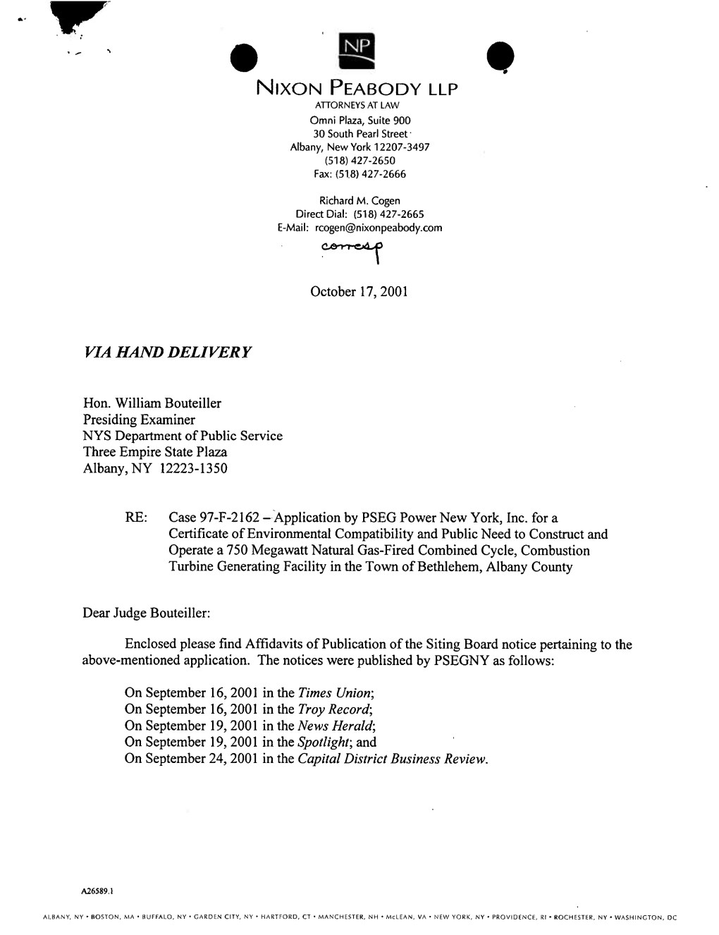 NIXON PEABODY LLP ATTORNEYS at LAW Omni Plaza, Suite 900 30 South Pearl Street Albany, New York 12207-3497 (518)427-2650 Fax: (51,8) 427-2666