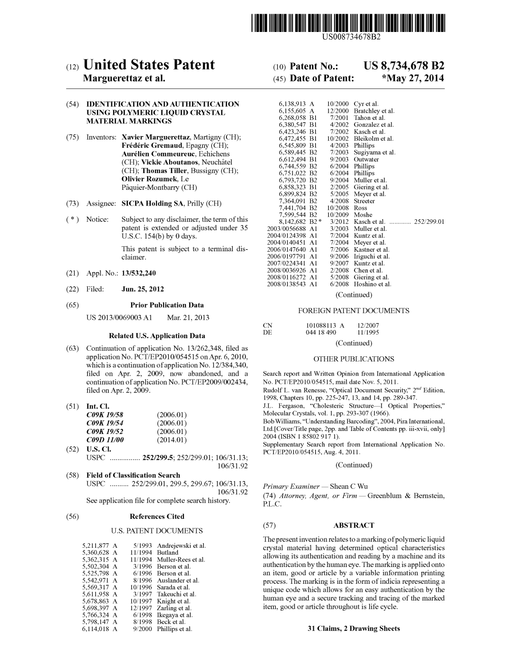 (12) United States Patent (10) Patent No.: US 8,734,678 B2 Marguerettaz Et Al