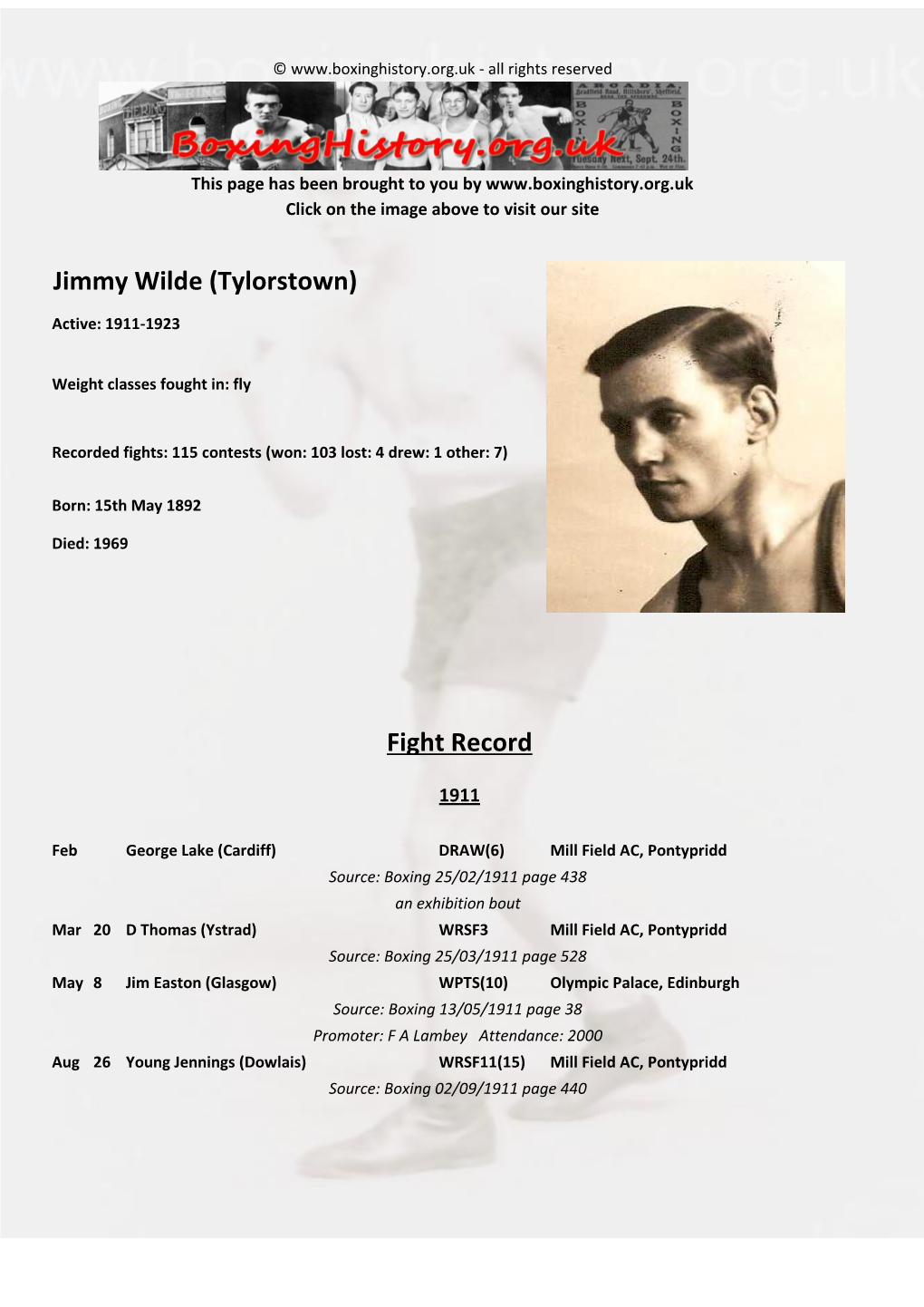 Fight Record Jimmy Wilde (Tylorstown)