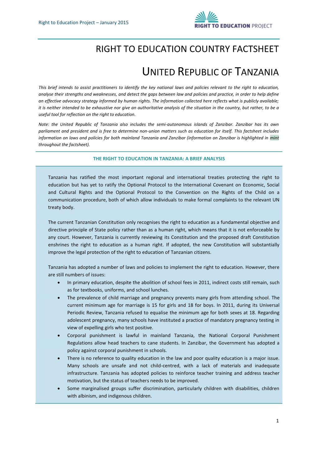 Right to Education Country Factsheet United Republic