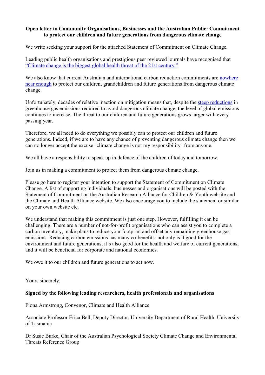 Open Letter to Community Organisations, Businesses and the Australian Public: Commitment to Protect Our Children and Future Generations from Dangerous Climate Change