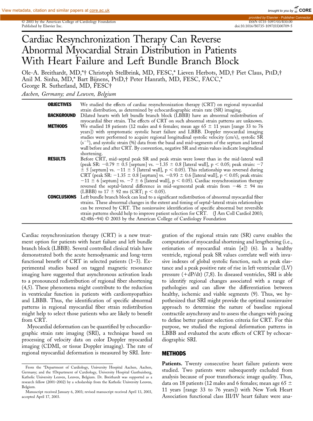 Cardiac Resynchronization Therapy Can Reverse Abnormal Myocardial Strain Distribution in Patients with Heart Failure and Left Bundle Branch Block Ole-A