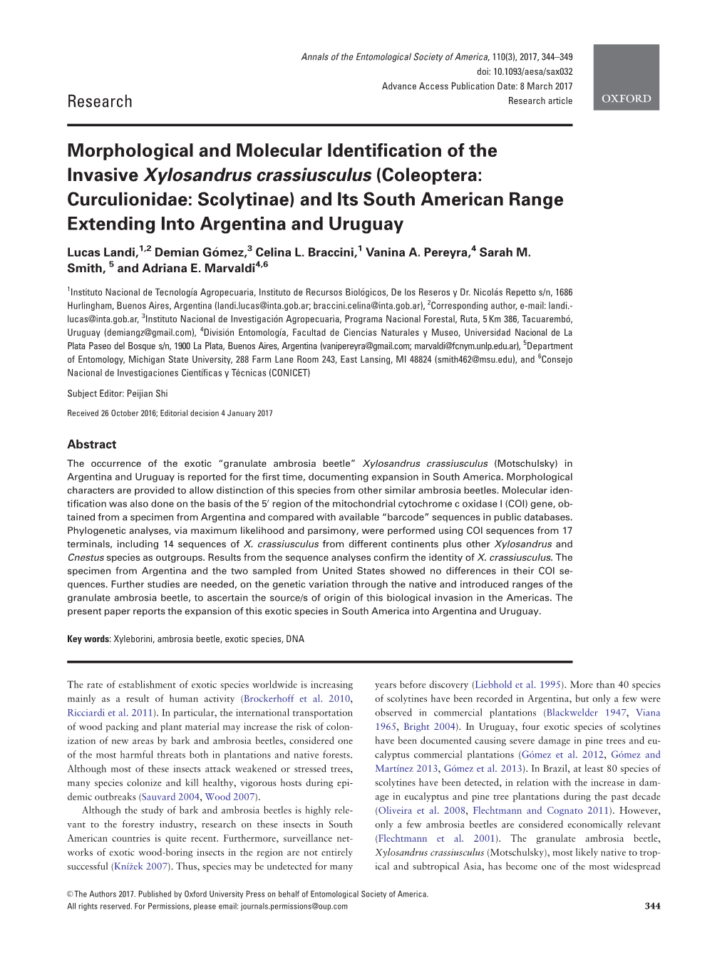 (Coleoptera: Curculionidae: Scolytinae) and Its South American Range Extending Into Argentina and Uruguay